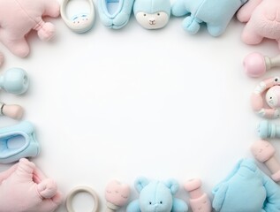 Flat lay baby essentials frame with pastel plush bears rattles pacifiers booties and teething rings on white background blank center for announcement card baby shower invitation newborn photo mockup