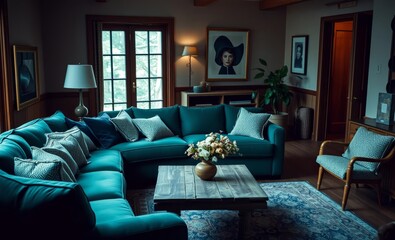 A haven of modern comfort where a plush emerald green sofa invites relaxation amidst meticulously curated details Wooden accents like a weathered coffee table add warmth and a touch of nature creating