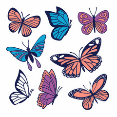 Nine Vivid Butterflies: Nine vector butterflies in various shades of blue, orange, pink and purple, isolated on a seamless backdrop, create a scene of colorful biodiversity.
