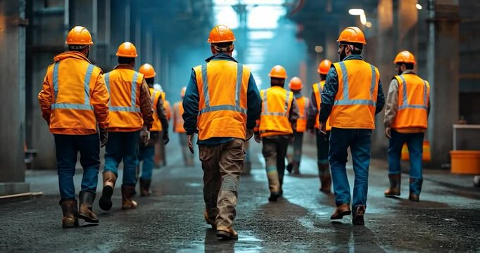 Group of construction workers in hard hats and safety vests walking away from the camera on a construction site.