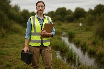 Environmental engineer in safety vest near wetland