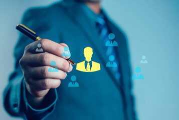 Businessman showing concept of human resources, employees, employment, management, training, HR,...