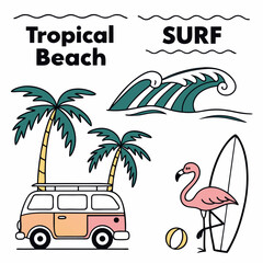 Tropical beach and surf-themed vector set with palm trees, waves, surfboards, a van, flamingos, and ocean elements in a bold black silhouette style. Perfect for t-shirt designs, and branding