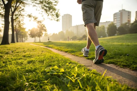 Close-Up of Feet Walking on Grass Path in Urban Park