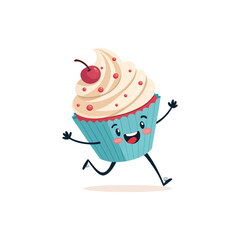 Playful cupcake: A cheerful cupcake character with whipped cream, and a bright red cherry on top runs toward a delightful adventure. Capturing fun and happiness