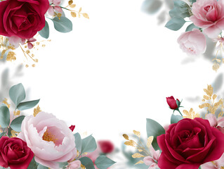 Elegant floral frame with pink and red roses gold accents perfect for wedding invitations or romantic designs