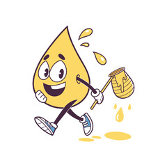 Honey Mascot's Busy Day: A cheerful honey drop mascot, exuding positivity and brimming with vitality, dashes forward, carrying a honey dipper, embodying the sweetness and goodness of nature's gift.
