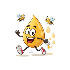 Animated Honey Drop with Happy Bees: A cheerful honey drop character joyfully skips along, accompanied by two friendly bees. It’s a whimsical, animated illustration celebrating the sweetness of honey.