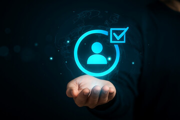 Hand holding digital verification hologram with glowing user interface icon and world map in futuristic technology concept for identity access and security system unique design Pro.