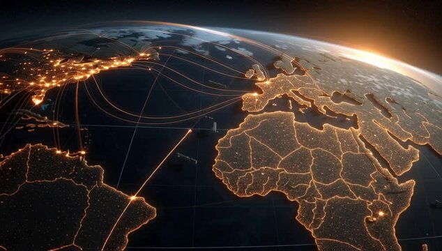 Digital map of the United States with glowing connections to global islands, representing connectivity and data flow between various military base cities across America Generative AI - Powered by Adobe