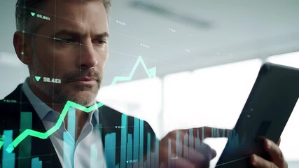 Man in suit analyzing stock market data on tablet with holographic graph overlays in bright room - Powered by Adobe