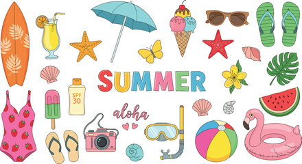 Set of summer stickers. Icons for tropical vacation. Seasonal elements collection. Flamingos; ice cream; pineapple; tropic leaves; cocktails; plumeria; watermelon; surfboard; beach accessories.