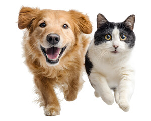 Obraz premium Happy dog and curious cat walking side by side isolated on transparent background