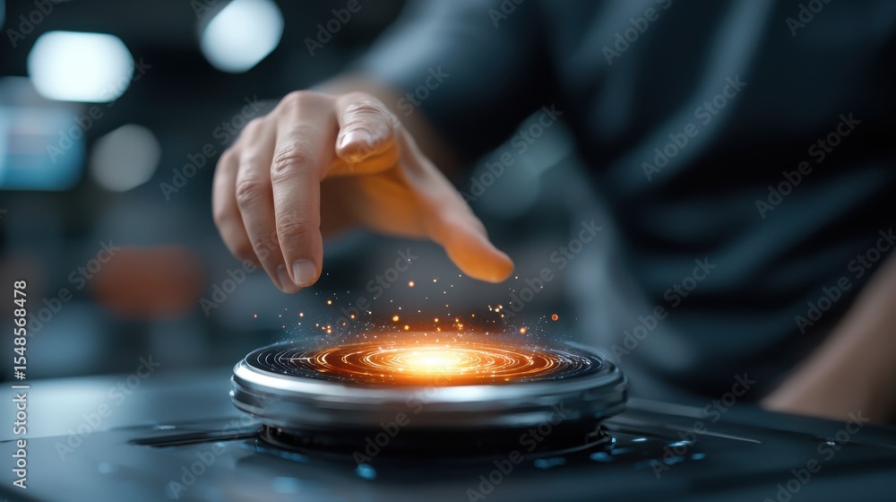Poster close up of a human hand reaching out to touch a glowing futuristic technology interface control pan