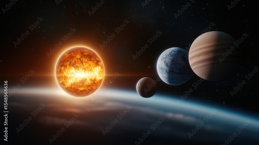 Poster breathtaking view of a planetary alignment in the solar system with the sun moon and the gas giants 