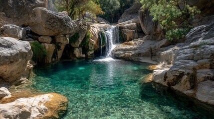 Naklejka premium Waterfall cascading into a turquoise pool surrounded by rocky landscape