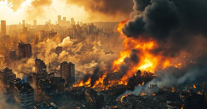 Massive fire engulfing a city skyline, causing widespread destruction and devastation.