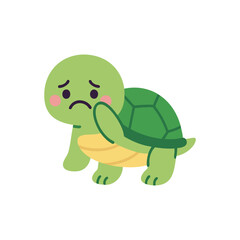Fototapeta premium Cute green cartoon turtle with a sad expression and blush cheeks, lifting one leg as if shy, on white background.