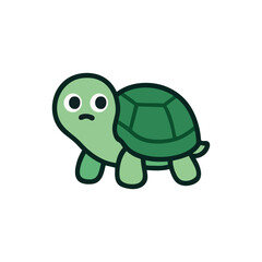 Obraz premium Cute cartoon turtle with a sad expression, green shell and body, flat style, isolated on white background, simple vector.