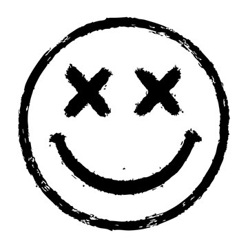 Grunge smiley face with X eyes and rough black brushstroke lines, minimalist distressed style on a plain white background.

