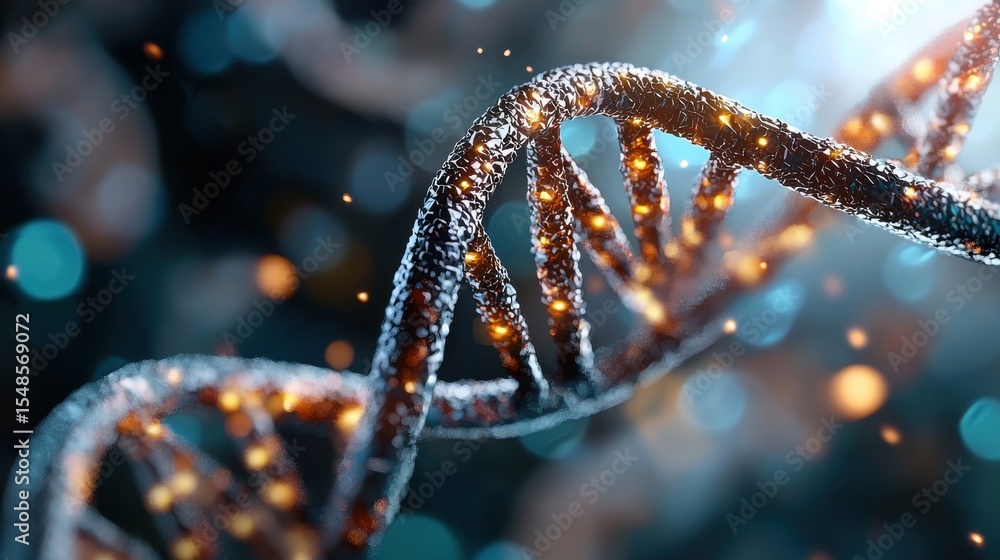 Poster glowing dna helix molecule structure in an abstract microscopic and backlit laboratory setting sugge