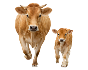 Brown cow and calf walking side by side isolated on transparent background