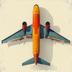 Vintage retro stylized of a futuristic jet airplane or aircraft in vibrant orange red and blue colors against a simple minimalist background  The design has a digital 3D rendered