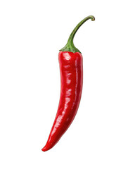 A vibrant red chili pepper, glossy and smooth, is depicted against a stark black background, showcasing its curved form and pointed tip