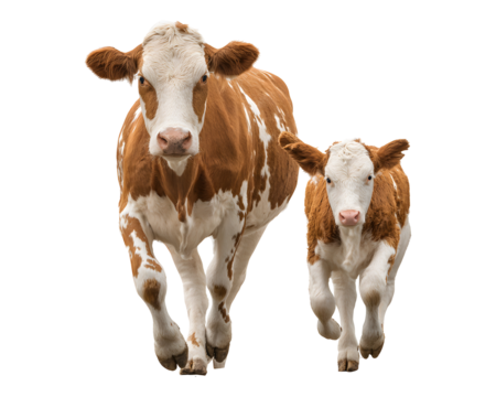Brown cow and calf walking side by side isolated on transparent background