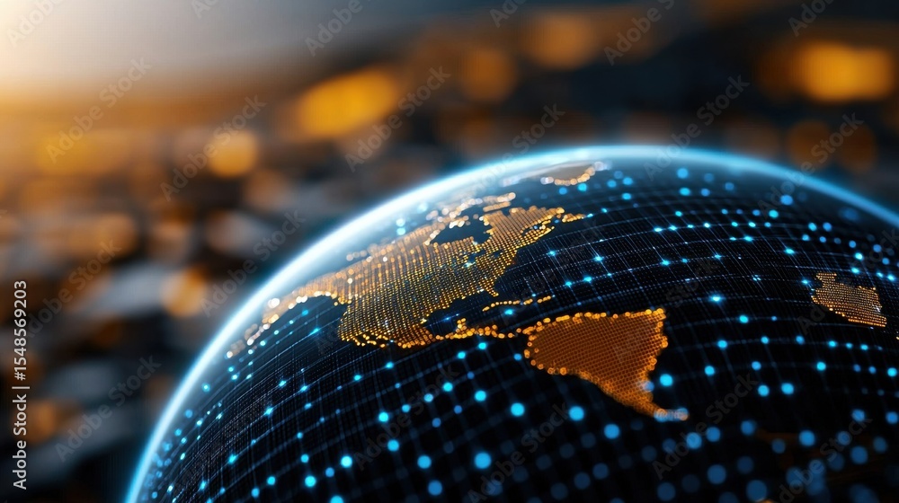 Poster glowing digital global network connecting continents and landmasses with bright points of light repr