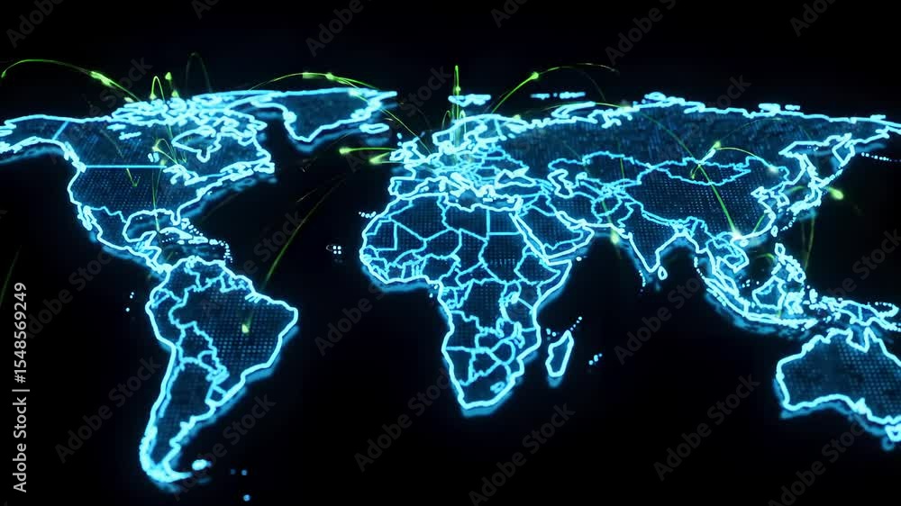Poster glowing blue world map with green lines connecting continents on a black background display network