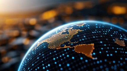 Glowing Digital Global Network Connecting Continents and Landmasses with Bright Points of Light Representing Worldwide Communication and Data Flow