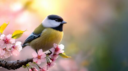 Obraz premium Closeup of an adorable titmouse bird perching on a blooming spring branch surrounded by vibrant flowers and greenery in a lush tranquil garden setting