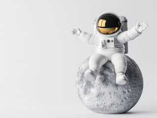 playful astronaut in a white spacesuit sits with arms wide open on a detailed gray moon model against a plain white background.
