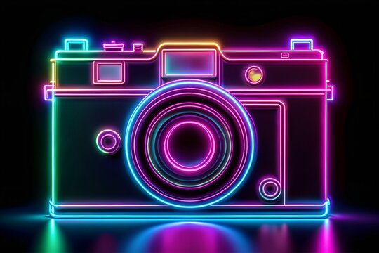 Vintage neon retro camera illustration with glowing lights in futuristic digital artwork