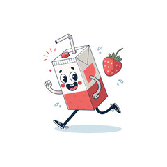 Juice box running towards strawberry: A whimsical illustration of a juice box character gleefully racing towards a strawberry, epitomizing the joy and energy of a refreshing treat.