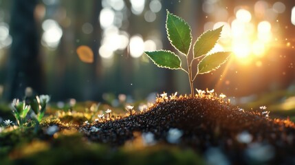 Closeup of a small green seedling or plant sprout emerging from the soil in a lush natural forest or garden setting with soft sunlight filtering through the foliage representing new life growth
