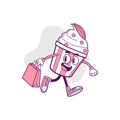 Cupcake shopping: A whimsical illustration depicts a cheerful cupcake character joyfully shopping, holding a bag, as it embarks on its charming shopping trip.