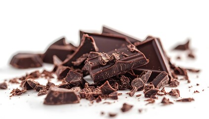 Chocolate crumbs scattered across a bright white surface, emphasizing texture and shape in a minimal composition.

