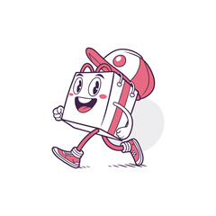 Running Shopping Bag Cartoon: A cheerful cartoon shopping bag character, wearing a baseball cap and sneakers, strides forward with a joyful expression, conveying a sense of excitement and energy.