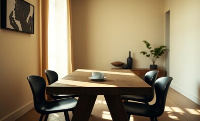 Fototapeta premium A sleek minimalist interior unfolds featuring a rustic wooden family table bathed in natural light adorned with elegant design chairs and a steaming cup of coffee A touch of personal warmth is infused