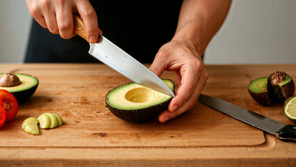 Avocado preparation removing the pit close up photography healthy eating