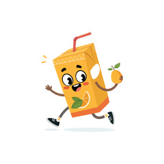 Happy Juice Box Cartoon: A cheerful cartoon juice box character with a happy expression sprints playfully, holding a fruit. The juice box has an orange slice and a leaf design.