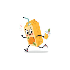 Joyful Juice Box Running: A cheerful juice box cartoon cheerfully carries a juice glass and a straw on a white background, embodying the spirit of vitality and refreshment. 