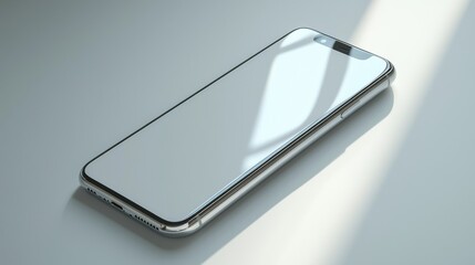Close up of a sleek modern smartphone device resting on a reflective surface with dramatic lighting and shadow effects highlighting the clean