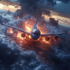 Fiery aircraft plummeting through dramatic stormy skies amidst chaos and destruction with billowing smoke flames and explosive impact on the horizon