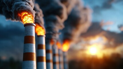 Smoking industrial chimneys emitting thick black smoke into the atmosphere at sunset highlighting the environmental impact and climate change caused by industrial pollution