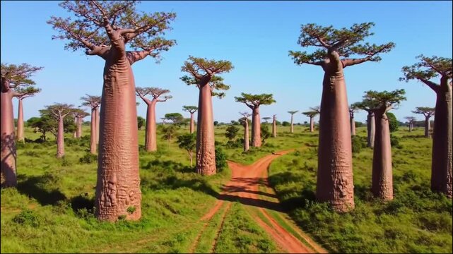 Exotic african baobab plant field  in  blue sky background	