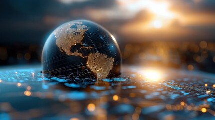 Futuristic glowing digital 3D globe representation of the planet Earth landscape with illuminated network of light symbolizing worldwide connectivity communication and technological progress