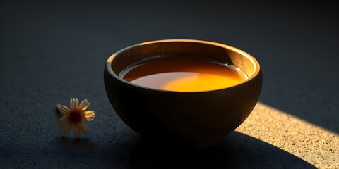 Close up shot of a wooden bowl filled with tea and a small flower.